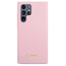 Заредете изображение във визуализатора на галерията – Guess GUHCS22LLSLMGLA S22 Ultra S908 lawenda/lavender hardcase Silicone Script Metal Logo - TopMag
