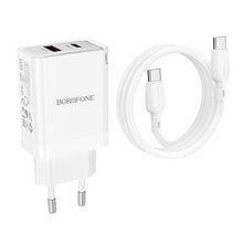 Заредете изображение във визуализатора на галерията – Borofone Wall charger BN16 Tough - USB + Type C - PD 45W 3A with Type C to Type C cable white
