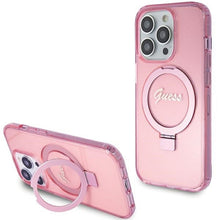 Заредете изображение във визуализатора на галерията – Original faceplate case GUESS GUHMP15XHRSGSP for iPhone 15 Pro Max (Magsafe / Glitter Script Logo / Ring stand / pink)
