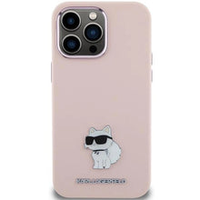 Заредете изображение във визуализатора на галерията – Karl Lagerfeld Silicone Choupette Metal Pin case for iPhone 15 Pro Max - pink
