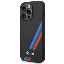 Заредете изображение във визуализатора на галерията – Case BMW BMHMP14L22SOTK iPhone 14 Pro 6.1" black/black Silicone Slanted Sttripes MagSafe
