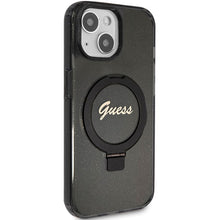 Заредете изображение във визуализатора на галерията – Original faceplate case GUESS GUHMP15MHRSGSK for iPhone 15 Plus (Magsafe / Glitter Script Logo / Ring stand / black)
