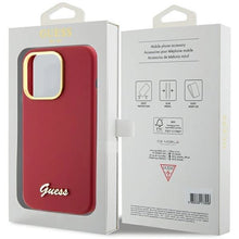 Заредете изображение във визуализатора на галерията – Guess Silicone Script Metal Logo &amp; Frame case for iPhone 15 Pro Max - red

