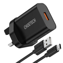 Заредете изображение във визуализатора на галерията – Choetech Wall Charger with UK USB Type A QC 3.0 plug black (Q5003-uk) - TopMag
