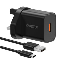 Заредете изображение във визуализатора на галерията – Choetech Wall Charger with UK USB Type A QC 3.0 plug black (Q5003-uk) - TopMag
