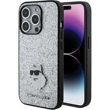 Заредете изображение във визуализатора на галерията – Karl Lagerfeld Fixed Glitter Choupette Logo Metal Pin Case for iPhone 15 Pro Max - Silver
