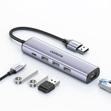 Заредете изображение във визуализатора на галерията – Ugreen multifunctional adapter HUB USB 3.0 - 3 x USB / Ethernet RJ-45 / USB Type C PD gray (CM475) - TopMag

