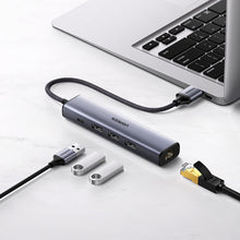 Заредете изображение във визуализатора на галерията – Ugreen multifunctional adapter HUB USB 3.0 - 3 x USB / Ethernet RJ-45 / USB Type C PD gray (CM475) - TopMag
