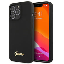 Заредете изображение във визуализатора на галерията – Guess GUHMP13LLSLMGBK iPhone 13 Pro / 13 6,1" black/czarny hardcase Silicone Script Gold Logo MagSafe - TopMag
