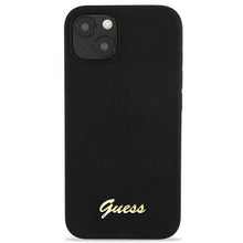 Заредете изображение във визуализатора на галерията – Guess GUHMP13MLSLMGBK iPhone 13 6,1" black/czarny hardcase Silicone Script Gold Logo Magsafe - TopMag
