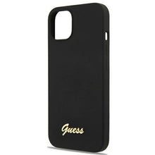 Заредете изображение във визуализатора на галерията – Guess GUHMP13MLSLMGBK iPhone 13 6,1" black/czarny hardcase Silicone Script Gold Logo Magsafe - TopMag
