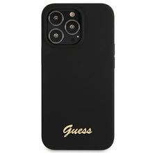 Заредете изображение във визуализатора на галерията – Guess GUHMP13XLSLMGBK iPhone 13 Pro Max 6,7" black/czarny hardcase Silicone Script Gold Logo MagSafe - TopMag
