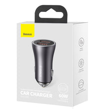 Заредете изображение във визуализатора на галерията – Baseus Golden Contactor Max Dual Fast Charger Car Charger U+U 60W Dark Gray - TopMag
