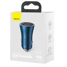 Заредете изображение във визуализатора на галерията – Baseus Golden Contactor Max Fast Car Charger 2x USB 60 W Quick Charge Blue (CGJM000003) - TopMag
