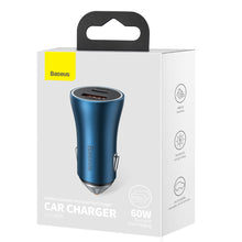 Заредете изображение във визуализатора на галерията – Baseus Golden Contactor Max Dual Fast Charger Car Charger U+C 60W Blue - TopMag
