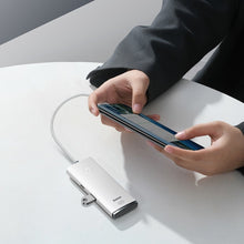 Заредете изображение във визуализатора на галерията – Baseus Lite Series multifunctional HUB 4in1 USB - 4x USB 3.2 gen. 1 25 cm white (WKQX030002) - TopMag
