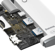Заредете изображение във визуализатора на галерията – Baseus Lite Series multifunctional HUB USB Type C - 2 x USB 3.0 / USB Type C / HDMI 1,4 / SD / TF white (WKQX050002) - TopMag
