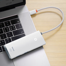 Заредете изображение във визуализатора на галерията – Baseus Lite Series multifunctional HUB USB Type C - 2 x USB 3.0 / USB Type C / HDMI 1,4 / SD / TF white (WKQX050002) - TopMag
