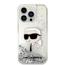 Заредете изображение във визуализатора на галерията – Original Pouch KARL LAGERFELD Glitter Karl Head KLHCP14XLNCHCS for Iphone 14 Pro Max silver
