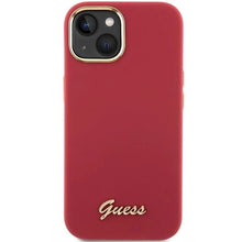 Заредете изображение във визуализатора на галерията – Guess Silicone Script Metal Logo &amp; Frame case for iPhone 15 - red
