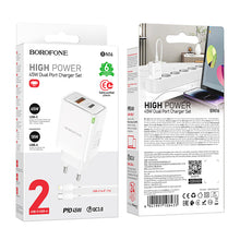 Заредете изображение във визуализатора на галерията – Borofone Wall charger BN16 Tough - USB + Type C - PD 45W 3A with Type C to Lightning cable white
