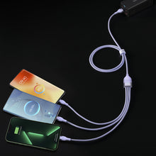 Заредете изображение във визуализатора на галерията – Baseus Flash Series Ⅱ One-for-three Fast Charging Data Cable USB to M+L+C 100W 1.2m Purple - TopMag
