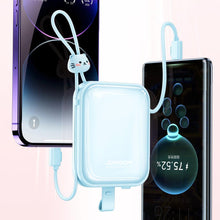 Заредете изображение във визуализатора на галерията – Joyroom power bank with USB C and Lightning cables and stand Cutie Series 10000mAh 22.5W blue (JR-L008)
