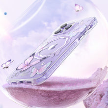 Заредете изображение във визуализатора на галерията – Kingxbar Butterfly Series magnetic case for iPhone 14 Pro Max MagSafe case with butterflies blue
