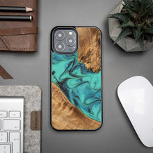 Заредете изображение във визуализатора на галерията – Bewood Unique Turquoise iPhone 13 Pro Max Wood and Resin Case - Turquoise Black
