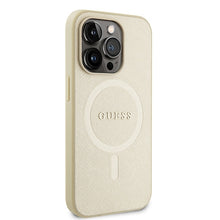 Заредете изображение във визуализатора на галерията – Original Case GUESS hardcase Saffiano MagSafe GUHMP15LPSAHMCB for Iphone 15 Pro gold
