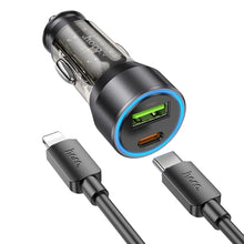 Заредете изображение във визуализатора на галерията – HOCO car charger USB QC 18W + Type C 25W + cabel Type C to Lightning PD43W NZ12A transparent black
