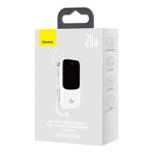 Заредете изображение във визуализатора на галерията – Baseus Qpow Power Bank 10000mAh Built-in Lightning 20W Quick Charge Cable SCP AFC FCP White (PPQD020002) - TopMag
