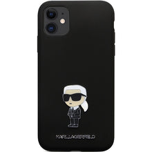 Заредете изображение във визуализатора на галерията – Original Pouch KARL LAGERFELD hardcase Silicone Ikonik Metal Pin KLHCN61SMHKNPK for Iphone 11/ Xr black
