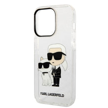 Заредете изображение във визуализатора на галерията – Original Pouch KARL LAGERFELD Gliter Karl&amp;Choupette KLHCP14XHNKCTGT for Iphone 14 Pro Max transparent
