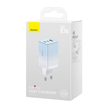 Заредете изображение във визуализатора на галерията – Baseus fast GaN charger 2 x USB Type C / USB 65W QC PD blue (CCGP050103) + USB Type C fast charging cable 100W 1m blue - TopMag
