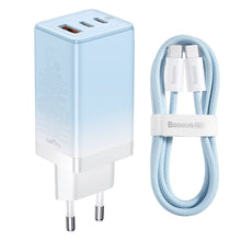 Заредете изображение във визуализатора на галерията – Baseus fast GaN charger 2 x USB Type C / USB 65W QC PD blue (CCGP050103) + USB Type C fast charging cable 100W 1m blue - TopMag
