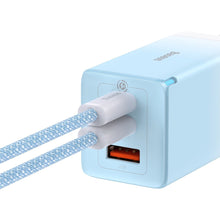 Заредете изображение във визуализатора на галерията – Baseus fast GaN charger 2 x USB Type C / USB 65W QC PD blue (CCGP050103) + USB Type C fast charging cable 100W 1m blue - TopMag
