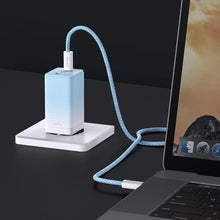 Заредете изображение във визуализатора на галерията – Baseus fast GaN charger 2 x USB Type C / USB 65W QC PD blue (CCGP050103) + USB Type C fast charging cable 100W 1m blue - TopMag
