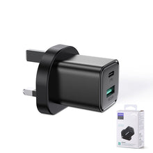 Заредете изображение във визуализатора на галерията – Joyroom Fast UK Wall Charger USB Type C + USB 20W PD QC3.0 Black (L-QP207) - TopMag
