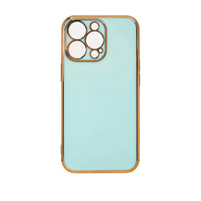 Заредете изображение във визуализатора на галерията – Lighting Color Case for iPhone 12 Pro Max, gel cover with a gold frame, mint - TopMag
