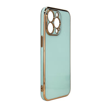 Заредете изображение във визуализатора на галерията – Lighting Color Case for iPhone 13 Pro, gel cover with a gold frame, mint - TopMag
