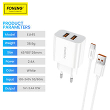 Заредете изображение във визуализатора на галерията – Foneng Wall charger EU45 - 2xUSB - 12W 2,4A with USB to Type C cable white
