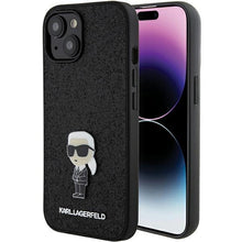 Заредете изображение във визуализатора на галерията – Karl Lagerfeld Fixed Glitter Ikonik Logo Metal Pin case for iPhone 15 - black
