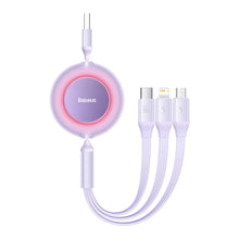 Заредете изображение във визуализатора на галерията – Baseus Bright Mirror 2 retractable cable 3in1 USB Type A - micro USB + Lightning + USB Type C 66W 1.1m purple (CAMJ010105) - TopMag
