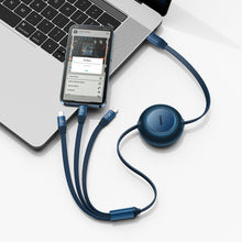Заредете изображение във визуализатора на галерията – Baseus Bright Mirror 2 retractable cable 3in1 USB Type C - micro USB + Lightning + USB Type C 3.5A 1.1m blue (CAMJ010203) - TopMag

