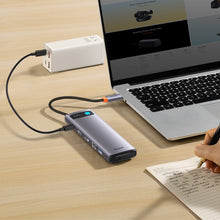 Заредете изображение във визуализатора на галерията – Baseus Metal Gleam multi-functional HUB USB Type C 12in1 HDMI / DP / USB Type C / minijack 3.5mm / RJ45 / SD (WKWG020213) - TopMag
