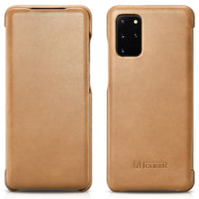 Заредете изображение във визуализатора на галерията – iCarer Curved Edge Vintage Folio Genuine Leather Flip Cover Case for Samsung Galaxy S20+ khaki (RS992007-GG) - TopMag
