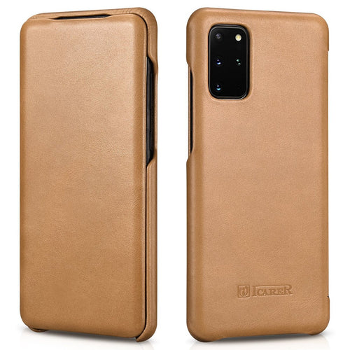 iCarer Curved Edge Vintage Folio Genuine Leather Flip Cover Case for Samsung Galaxy S20+ khaki (RS992007-GG) - TopMag