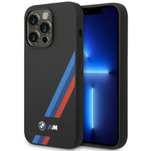 Заредете изображение във визуализатора на галерията – Case BMW BMHMP14L22SOTK iPhone 14 Pro 6.1" black/black Silicone Slanted Sttripes MagSafe
