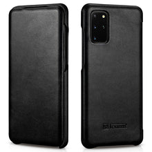 Заредете изображение във визуализатора на галерията – iCarer Curved Edge Vintage Folio Genuine Leather Flip Cover for Samsung Galaxy S20+ black (RS992007-BK) - TopMag
